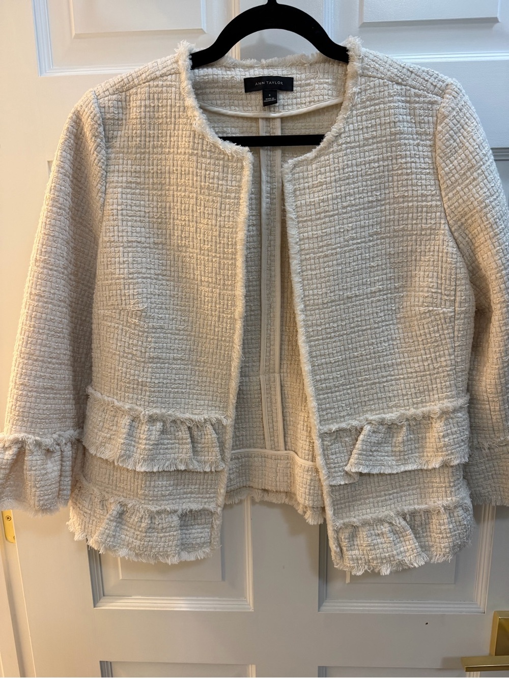 Ann Taylor Off-White Tweed Ruffle-Trim Open Jacket